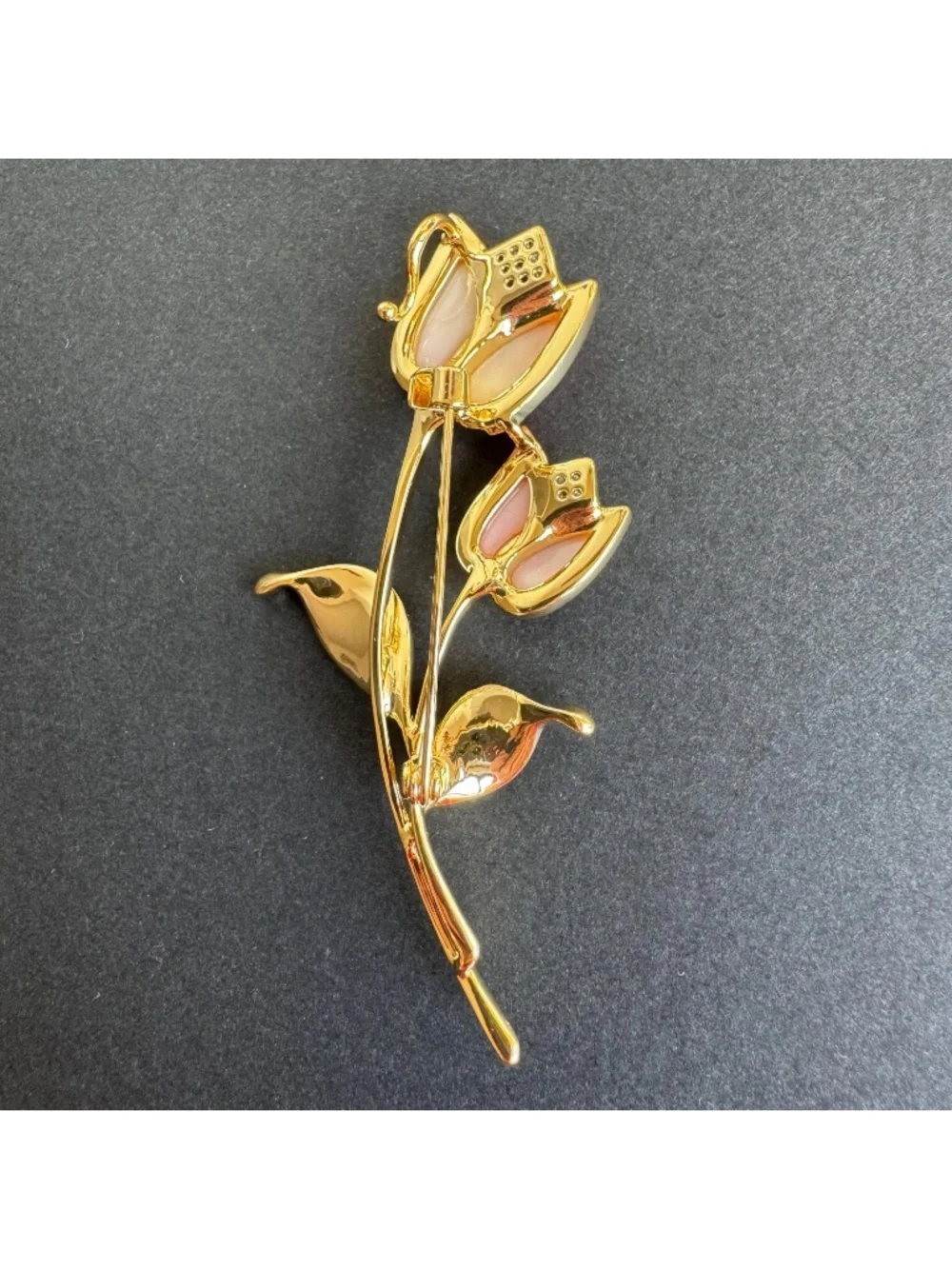 Pink Tulip Brooch Gold Tone Floral Pin Brushed Metal Leaves Romantic Gift